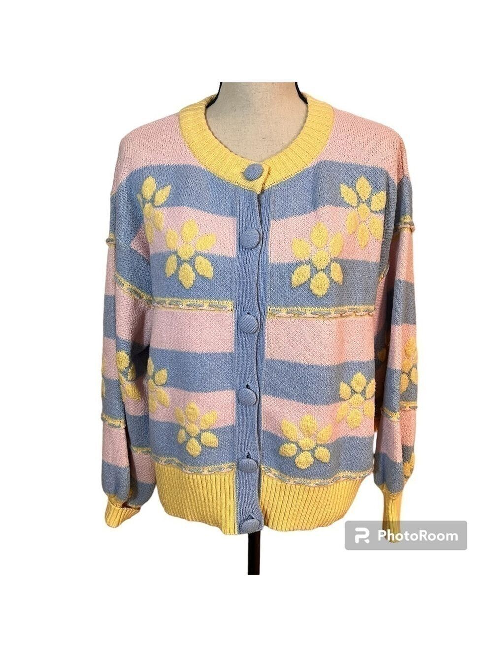 Zara Pastel Flower Jacquard Cardigan Sweater Sz-L